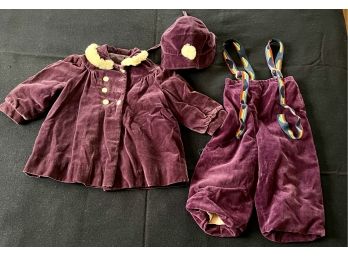 A Fabulous Antique Handmade Childrens Matching Coat, Pants With Suspenders And Hat