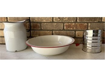 Vintage Enamelware Pitcher And Wash Basin With A Brite-pride Flour Sifter