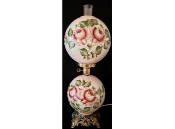 Beautiful Vintage Painted Floral Hurricane Lamp, Double Bulb