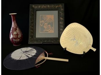 Beautiful Grouping Of A Duck Print, Fans, And Hummingbird Vase