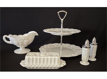 5 Pieces Of Milk Glass Inc. Butter Dish, Gravy Boat, Salt And Pepper And More