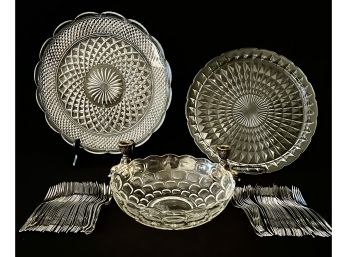 A Pretty Collection Of Cut Glass Platters, Bowl And Oneida Forks And Brass Toned Metal Candle Holders