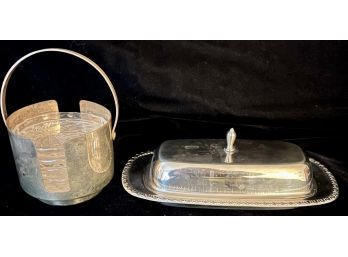 Vintage Cut Clear Crystal Coasters With Silver Plated Holder (made In Germany) W VTG Butter Dish