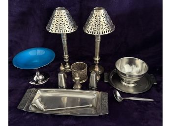 Reed And Barton 141 Silver Plate And Enamel Serving Dish, W 2 Candle Lamps, Stainless Steel And More