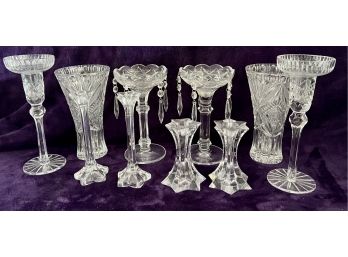 A Great Array Of Vtg. Cut Glass Incl. 2 Crystal Chandelier Glass Holder With Prisms And More