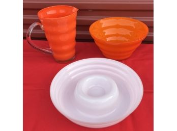 Orange And White Bowl, Pitcher And Chip & Dip Dish