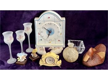 A Sweet Collection Of Decor. Incl. Lefton Birds, Glass Floral Clock, Candle Holders And More