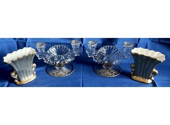 Great Gold Pair Of Gold Trimmed Glass Handle Holders W/ Gilded Vases
