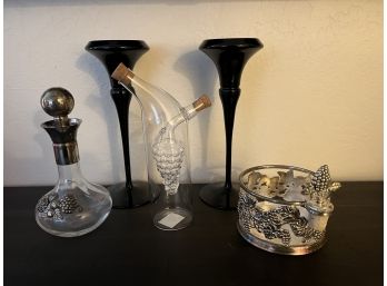 Oneida Black Candle Sticks, VTG Silver Toned Wine Bottle Coaster W Stopper, Oil And Vinegar, VTG SP Decanter