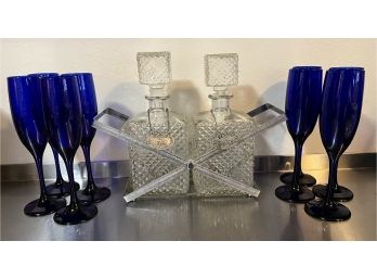 Vintage Cut Crystal Decanters With Holder And 8 Pretty Wine Glasses