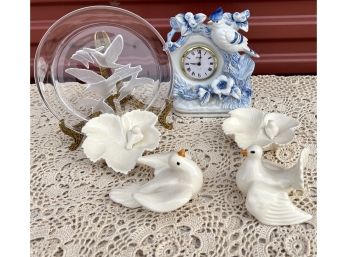 Beautiful Lot Of Bird Themed Items, Incl. Etched Glass Swallow Plate, Blue Jay Clock, Doves & More