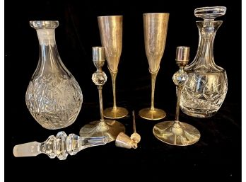 VTG Valerio Albarello Brass Candleholders W Matching Snuff, 2 Crystal Decanters And Brass Goblets