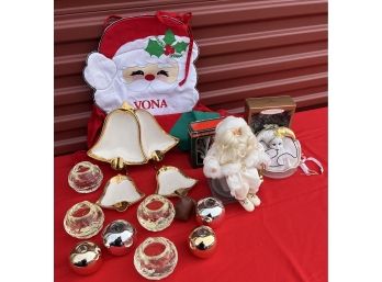A Collection Of Vintage Holiday Decor. Incl. An Apron, Keepsake Ornaments, Votive Candle Holders And More