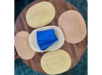 4 Wicker And 6 Woven Placemats W/ 12 Blue Cloth Napkins