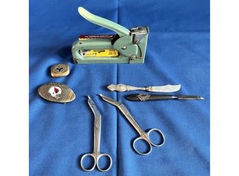 Lot Of Misc. Items Incl. , Staple Gun, A Mother Of Pearl Bladed Knife With A Sterling Handle & More