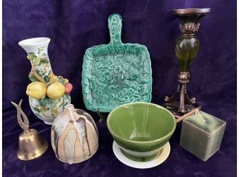 1940's Dick Knox California Pottery Serving Plate, VTG Green Candle Holder, Brass Bell And More