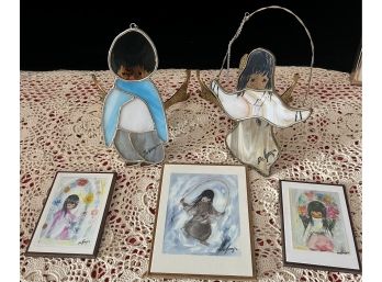 2 DeGrazia Stained Glass Sun Catchers, Jump Rope Girl Matches Print W/ 2 Other Prints