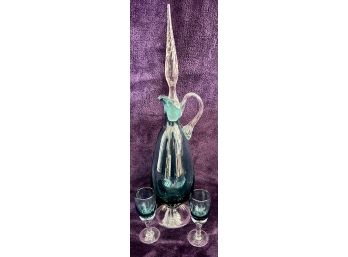 Blown Glass Decanter With Matching Glasses