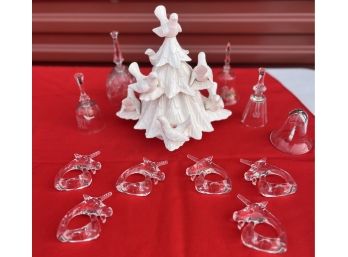 Glass Bells, Clear Plastic Unicorn Napkin Rings & A Lovely White Ceramic Dove Filled Tree / Candle Holder