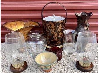 Ice Bucket, Antiqued Brassy Tin Vases, W/ Glass & Pottery Items