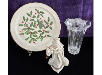 Lenox Plate, W Lenox Victorian Santa, And Mikasa Vase