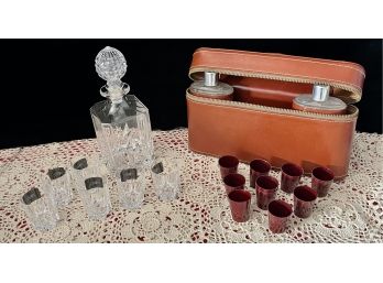 Mikasa Crystal Decanter W/ Glasses And Portable Flasks W/ Cups