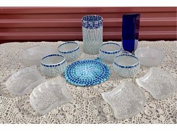 Blue Tiled Glass Dishes W/ Frosted Seashell Dishes