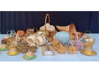 Large Assortment Of Miniature Wicker Hats, Baskets, And More