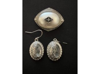 Beautiful Vintage Balinese Handcrafted Sterling Silver Hook Earrings And A Signed Avon Victorian Style Brooch.