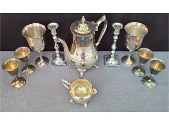 Silver Teapot, Candle Holders And Some Silverplate Goblets