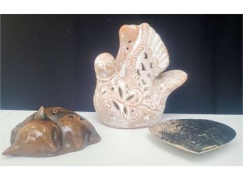 Ceramic Cat Napping, Pottery Pigeon And A Silver Heart