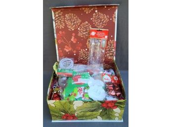 A Box Of Christmas Items Inc. Bulbs, Ribbon And More