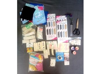 Misc. Sewing Items Inc. Buttons, Zippers, Scraps Of Cloth And More