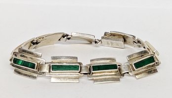 Taxco STERLING SILVER And MALACHITE Wide Plaque BRACELET  7.5' Marked .925