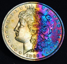 1883-O  Morgan Silver Dollar BU  SUPER  NICE! Full Chest Feathering RAINBOW TONING  (3xyg9)