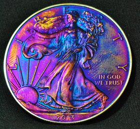 2013 American Silver Eagle Dollar UNCIRC BU  Rainbow Toning 1 Oz .999 NICE  (6jad9)