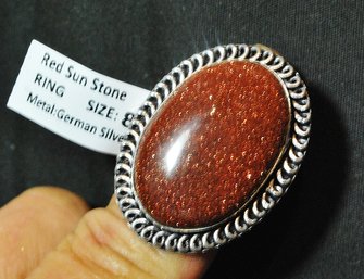 Beautiful RED SUN STONE Cabachon Ring German Silver Setting Size 8