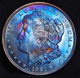 1921 Morgan Silver Dollar Rainbow Toning Super Coin! BU/AU (7das9)