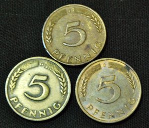 (3) German 5 Pfennig Coins  1950  1970  1979 (21ncm)
