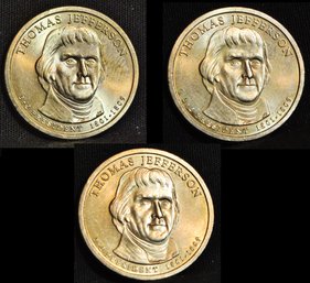 3 Thomas Jefferson Presidential Dollars  UNCIRC (ML5mtg3)