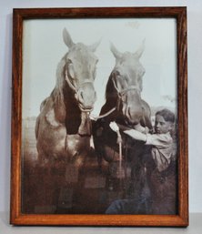 Vintage Framed Photograph Work Horses / Plow Draft Horse & Child C1940s