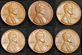6 Lincoln Cents UNCIRC 1951-D  1956-D  1957-D  1958-D  (7yar5)