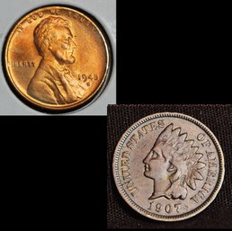 1945-S Lincoln Cent BU MS Quality & 1907 Indian Head Cent  (3sal1)