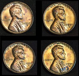4  1955-S  Lincoln Wheat Cents BU Superb! Cool Natural Rainbow Toning! (3acz2)