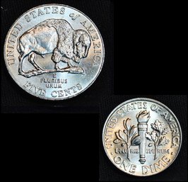 2 COINS 2005-D Buffalo Nickel UNCIRC & 2022 Roosevelt Dime UNCIRC  (5man2)