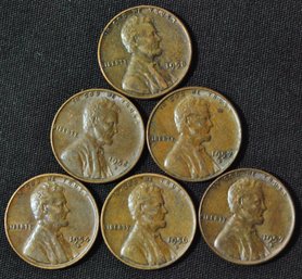 Lot Of 6 1950's Lincoln Wheat Cents Mostly 'D' Mints (9aca3)