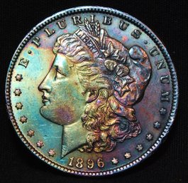 1896  Morgan Silver Dollar BU UNCIRC Rainbow Toning Good Date! Full Chest Feathering  (67ret)