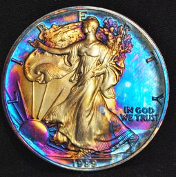 1989 American Silver Eagle Silver Dollar UNCIRC GREAT DATE! W/ RAINBOW Toning Superb Coin! (2hf21)