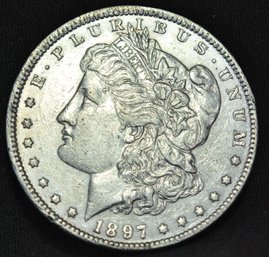 1897  Morgan Silver Dollar  AU/BU  Good Date! Full Chest Feathering (dmc3()