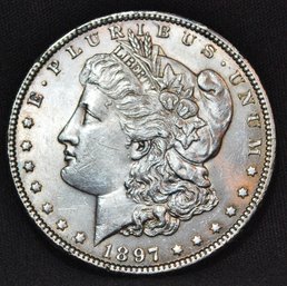 1897  Morgan Silver Dollar AU  Great Date!  SUPER  NICE! FULL CHEST FEATHERING (tam38)